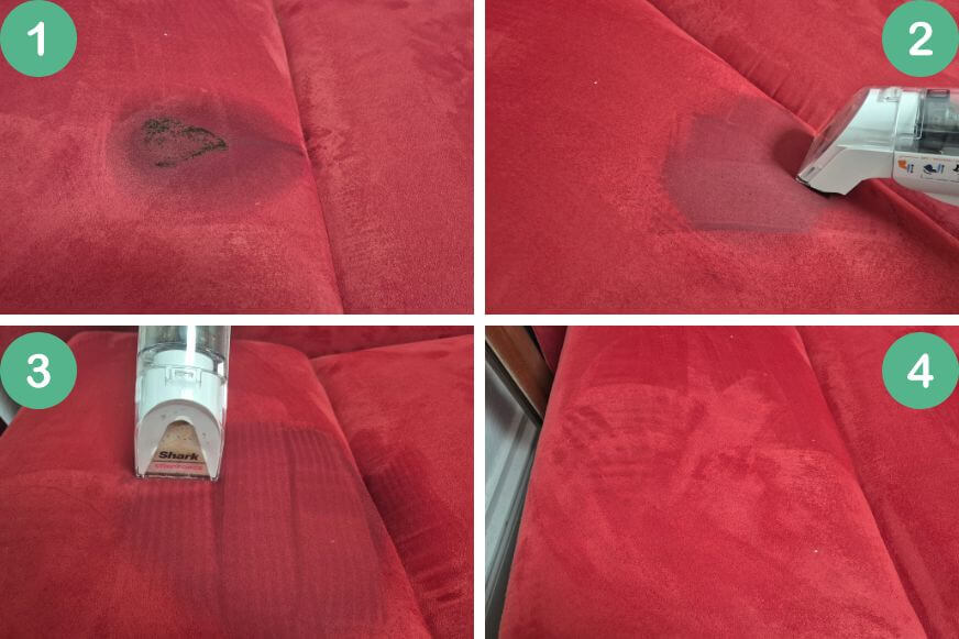 Vorher-nachher-Vergleich: Der Shark Stainforce entfernt einen Kaffeefleck auf einem roten Sofa im Test kjomplett rückstandsfrei.